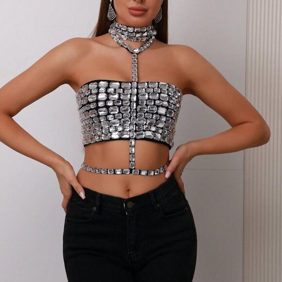 Black Party Women's Rhinestone Halter Neck Sexy & Versatile Camisole Top - Picture 4 of 9